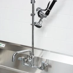 T&S Brass And Bronze Works Equip By T&S 5PR-8W08 Wall Mounted 35 3/4" High Pre-Rinse Faucet With 8" Adjustable Centers, 44" Hose, 8" Add-On Faucet, And 6" Wall Bracket