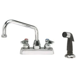 Advance Tabco A-29 Deck Mount Faucet With 4" Centers, Gooseneck Nozzle, And Melt Down Spray Nozzle