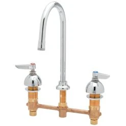 Advance Tabco K-132 Deck Mounted Faucet With 5 1/2" Gooseneck Spout, 8" Centers, Stream Regulator Outlet, Eterna Cartridges, And Lever Handles