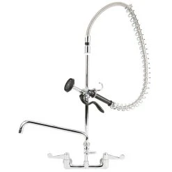 T&S Brass And Bronze Works Equip By T&S 5PR-8WWS12 Wall Mounted 35 3/4" High Pre-Rinse Faucet With 8" Adjustable Centers, Wrist Action Handles, 44" Hose, 12" Add-On Faucet, Supply Inlet Kit, And 6" Wall Bracket