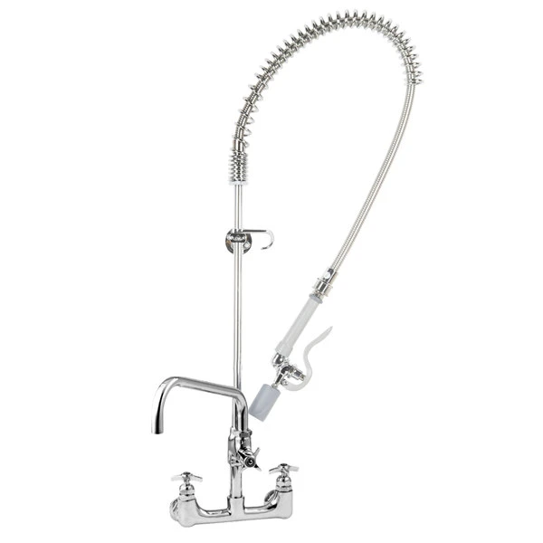 T&S Brass And Bronze Works T&S B-0287-427-BC EasyInstall Wall Mounted Pre-Rinse Faucet With 8" Centers, 44" Hose, 18" Riser, 12" Add-On Faucet, And Cross Handles