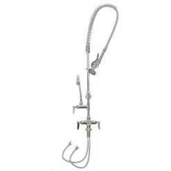 T&S Brass And Bronze Works T&S B-2338 Deck Mounted 40" High Pre-Rinse Faucet With Flex Inlets, 44" Hose, 12" Add-On Faucet, And Wall Bracket