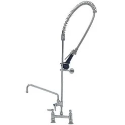 T&S Brass And Bronze Works T&S B-0123-A12-B08C EasyInstall Deck Mounted 46" High Pre-Rinse Faucet With Adjustable 8" Centers, Ergonomic Low Flow Spray Valve, 44" Hose, 12" Add-On Faucet, And 6" Wall Bracket
