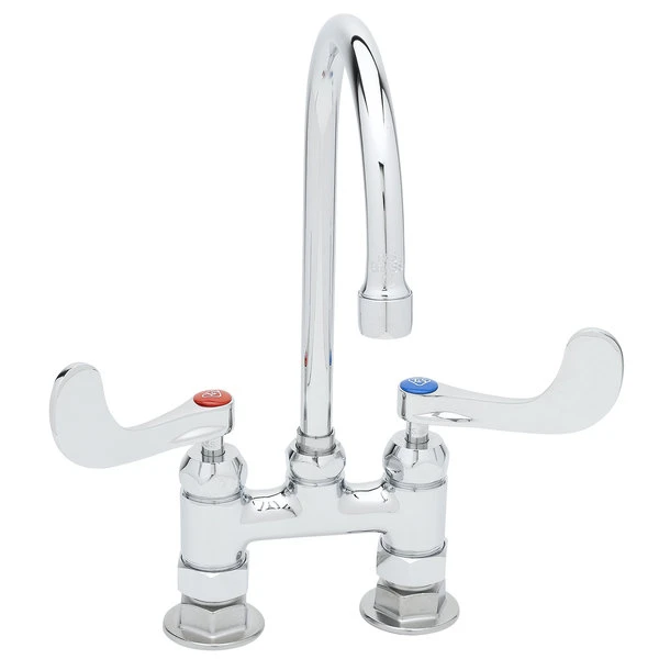 T&S Brass And Bronze Works T&S B-0324-04 Deck Mounted Surgical Sink Faucet With 4" Centers, 5 1/2" Rigid Gooseneck Spout, And 4" Wrist Action Handles