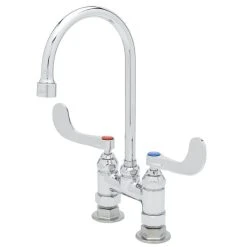 T&S Brass And Bronze Works T&S B-0328-CR Deck Mount Mixing Faucet With 4" Centers, 5 9/16" Gooseneck Spout, Cerama Cartridges, And 4" Wrist Action Handles