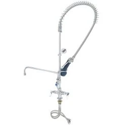 T&S Brass And Bronze Works T&S B-2338-08C Deck Mounted 43 1/2" High Pre-Rinse Faucet With Flex Inlets, 44" Hose, Low Flow Ergonomic Spray Valve, 12" Add-On Faucet, And Wall Bracket