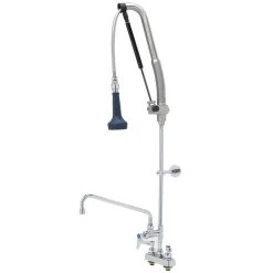 T&S Brass And Bronze Works T&S B-5110-12-CRB8P 45 3/16" High Deck Mounted DuraPull Pre-Rinse Faucet 4" Workboard Centers, 30" Hose, 1.07 GPM Spray Valve, 12" Add-On Faucet, And Wall Bracket