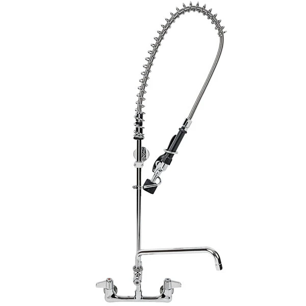 T&S Brass And Bronze Works Equip By T&S 5PR-8W12-C Wall Mounted 35 11/16" High Pre-Rinse Faucet With 8" Adjustable Centers, 1.2 GPM Spray Valve, 44" Hose, 12" Add-On Faucet, And 6" Wall Bracket - Image 2