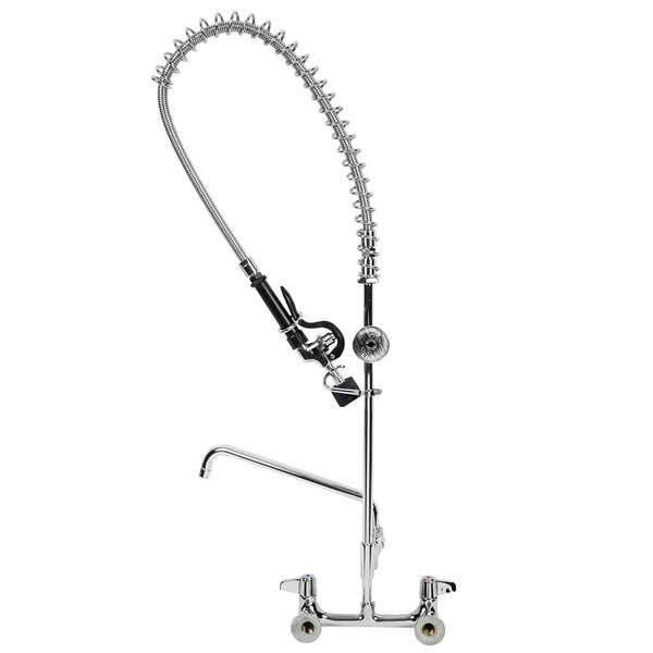 T&S Brass And Bronze Works Equip By T&S 5PR-8W12-C Wall Mounted 35 11/16" High Pre-Rinse Faucet With 8" Adjustable Centers, 1.2 GPM Spray Valve, 44" Hose, 12" Add-On Faucet, And 6" Wall Bracket - Image 3