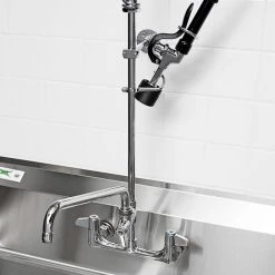 T&S Brass And Bronze Works Equip By T&S 5PR-8W12-C Wall Mounted 35 11/16" High Pre-Rinse Faucet With 8" Adjustable Centers, 1.2 GPM Spray Valve, 44" Hose, 12" Add-On Faucet, And 6" Wall Bracket