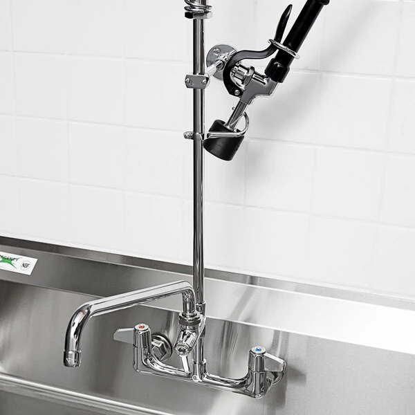T&S Brass And Bronze Works Equip By T&S 5PR-8W12-C Wall Mounted 35 11/16" High Pre-Rinse Faucet With 8" Adjustable Centers, 1.2 GPM Spray Valve, 44" Hose, 12" Add-On Faucet, And 6" Wall Bracket