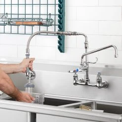 T&S Brass And Bronze Works T&S B-0184 Wall Mounted Pre-Rinse Faucet With Adjustable 8" Centers, 20" Hose, 12" Add-On Faucet, 90 Degree Swivel Adapter, And Vacuum Breaker