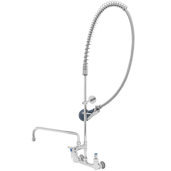 T&S Brass And Bronze Works T&S B-0133-01-CR-8C EasyInstall Wall Mounted 37 3/4" High Pre-Rinse Faucet With Adjustable 8" Centers, Ergonomic Low Flow Spray Valve, 56" Hose, 14" Add-On Faucet, And 9" Wall Bracket