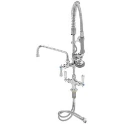 T&S Brass And Bronze Works T&S MPZ-2DCN-08-CR EasyInstall Deck Mounted 24 13/16" High Mini Pre-Rinse Faucet With Flex Inlets, Club Handles, 24" Hose, 8" Add-On Faucet, And 6" Wall Bracket