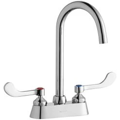 Elkay LK406LGN05T4 Deck Mount Laminar Flow Faucet With 4" Centers, 5" Gooseneck Swing Spout, And 4" Wristblade Handles