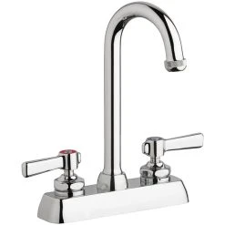 Chicago Faucet Company Chicago Faucets W4D-GN1AE1-369ABCP Deck-Mounted Faucet With 4" Fixed Centers, 3 1/2" Rigid / Swing Gooseneck Spout, And 2 3/8" Lever Handles