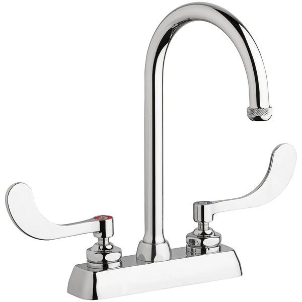 Chicago Faucet Company Chicago Faucets W4D-GN2AE1-317ABCP Deck-Mounted Faucet With 4" Fixed Centers, 5 1/4" Rigid / Swing Gooseneck Spout, And 4" Wristblade Handles
