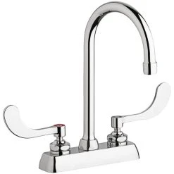 Chicago Faucet Company Chicago Faucets W4D-GN2AE35-317AB 1.5 GPM Deck-Mounted Faucet With 4" Fixed Centers, 5 1/4" Rigid / Swing Gooseneck Spout, And 4" Wristblade Handles
