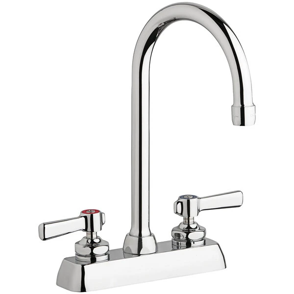 Chicago Faucet Company Chicago Faucets W4D-GN2AE35-369AB 1.5 GPM Deck-Mounted Faucet With 4" Fixed Centers, 5 1/4" Rigid / Swing Gooseneck Spout, And 2 3/8" Lever Handles