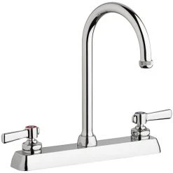 Chicago Faucet Company Chicago Faucets W8D-GN2AE1-369ABCP Deck-Mounted Faucet With 8" Fixed Centers, 5 1/4" Rigid / Swing Gooseneck Spout, And Quixtop Outlet