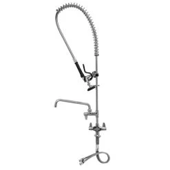 T&S Brass And Bronze Works Equip By T&S 5PR-2S12-C Deck Mounted 38 1/2" High Pre-Rinse Faucet With Flex Inlets, Low Flow Spray Valve, 44" Hose, 12" Add-On Faucet, And 6" Wall Bracket