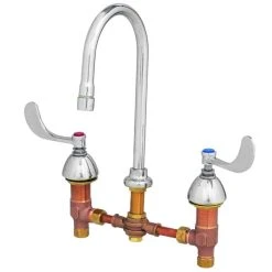 T&S Brass And Bronze Works T&S B-0869 Deck Mount Mixing Faucet With 8" Adjustable Centers, 5 9/16" Gooseneck, 6" Wrist Action Handles, And Pop Up Drain Assembly
