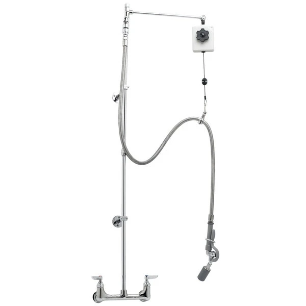 T&S Brass And Bronze Works T&S B-0140 Wall Mounted 51 3/4" High Pre-Rinse Faucet With Adjustable 8" Centers, Angled Low Flow Spray Valve, Balancer, 68" Hose, 12" Add-On Faucet, Vacuum Breaker, And 6" Wall Bracket