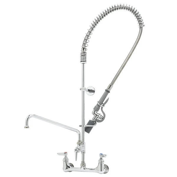 T&S Brass And Bronze Works T&S B-0133-12-CR-BC EasyInstall Wall Mounted 41 1/2" High Pre-Rinse Faucet With Adjustable 8" Centers, Low Flow Spray Valve, 44" Hose, 12" Add-On Faucet, And 6" Wall Bracket