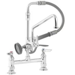 T&S Brass And Bronze Works T&S B-0175-05 Deck Mounted Pre-Rinse Faucet With Adjustable 8" Centers, Angled Spray Valve, 68" Hose, 8" Add-On Faucet, 90 Degree Swivel Adapter, And Wall Hook