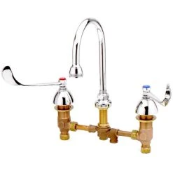 T&S Brass And Bronze Works T&S B-0866-07-PV Deck Mount Mixing Faucet With 8" Adjustable Centers, 5 3/4" Gooseneck, 6" Wrist Action Handles, And Pedal Valve Connection