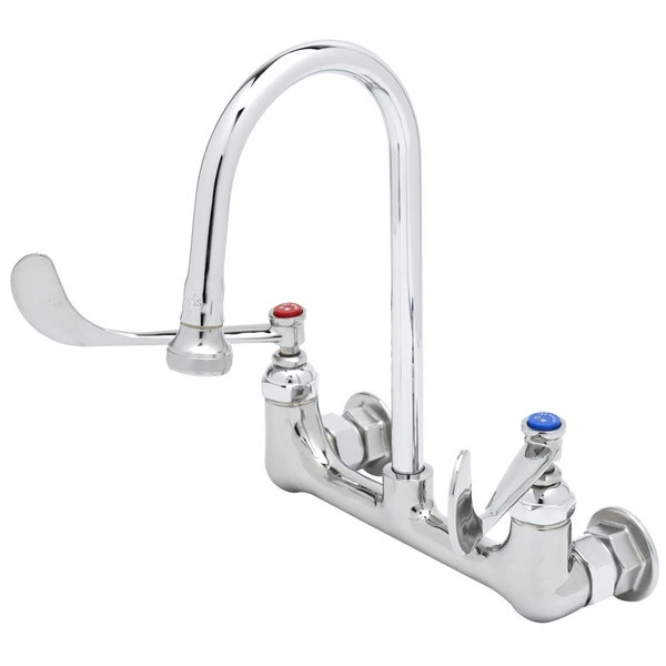 T&S Brass And Bronze Works T&S B-0351 Wall Mounted Mixing Faucet With 8" Adjustable Centers, 5 1/2" Rigid Gooseneck, And 6" Wrist Action Handles