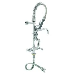 T&S Brass And Bronze Works T&S MPX-2DCN-08-CR EasyInstall Deck Mounted 24 13/16" High Mini Pre-Rinse Faucet With Flex Inlets, Angled Spray Valve, Club Handles, 24" Hose, 8" Add-On Faucet, And 6" Wall Bracket