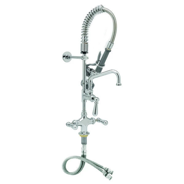 T&S Brass And Bronze Works T&S MPX-2DCN-08-CR EasyInstall Deck Mounted 24 13/16" High Mini Pre-Rinse Faucet With Flex Inlets, Angled Spray Valve, Club Handles, 24" Hose, 8" Add-On Faucet, And 6" Wall Bracket