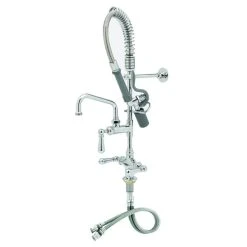 T&S Brass And Bronze Works T&S MPY-2DCV-08 EasyInstall Deck Mounted 22 1/2" High Mini Pre-Rinse Faucet With Flex Inlets, Low Flow Spray Valve, Club Handles, 24" Hose, 8" Add-On Faucet, Vacuum Breaker, And 6" Wall Bracket