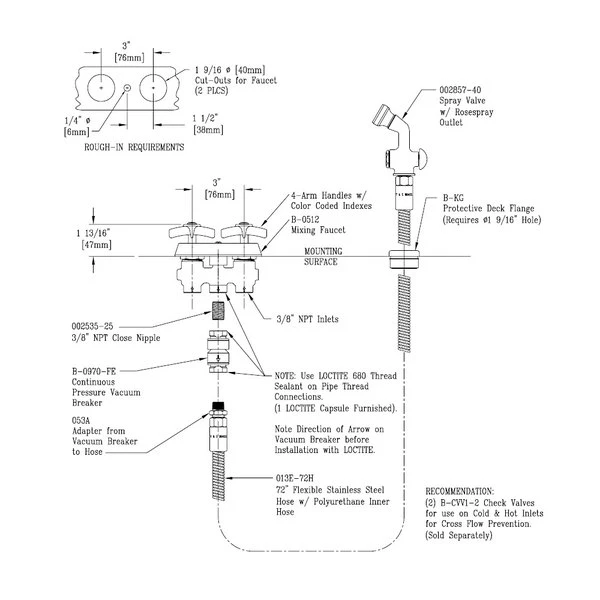 T&S Brass And Bronze Works T&S B-0512-0101 Concealed Mixing Faucet With 3" Centers, 002857-40 Spray Valve, 72" Hose, And Vacuum Breaker - Image 2