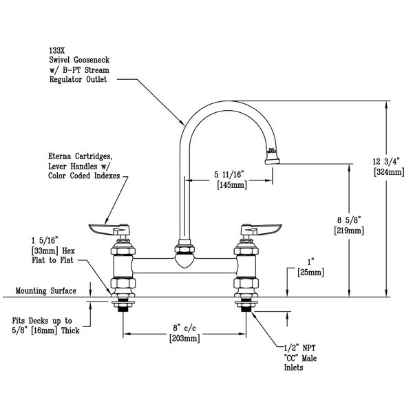 T&S Brass And Bronze Works T&S B-0321 Deck Mounted Faucet With 8" Adjustable Centers, 5 1/2" Gooseneck Nozzle, 18.39 GPM Stream Regulator Outlet, Eterna Cartridges, And Lever Handles - Image 2
