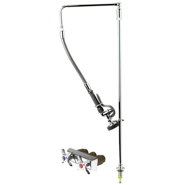 T&S Brass And Bronze Works T&S B-0171-01 Deck Mounted 39 1/16" High Pre-Rinse Faucet With Single Inlet, Swivel Arm, 20" Hose, And Bi-Pod Support