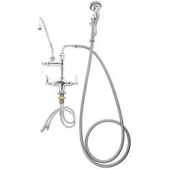T&S Brass And Bronze Works T&S B-0300-A16-WD Deck Mounted Pre-Rinse Faucet With Flex Inlets, Angled Low Flow Spray Valve, 60" Hose, 16" Add-On Faucet, 90 Degree Swivel Adapter And Vacuum Breaker