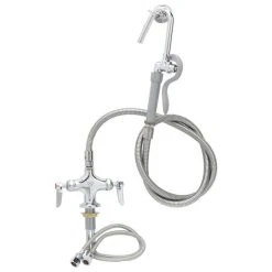 T&S Brass And Bronze Works T&S B-0300-WD Deck Mounted Pre-Rinse Faucet With Flex Inlets, Angled Low Flow Spray Valve, 60" Hose, Vacuum Breaker, And Wall Hook