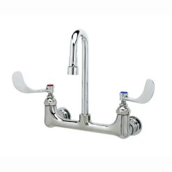 T&S Brass And Bronze Works T&S B-2443-F1-CR-SC 1 GPM Wall Mount Mixing Faucet With 8" Adjustable Centers, 2 7/8" Gooseneck, 4" Wrist Action Handles, Spring Checks, And Cerama Cartridges