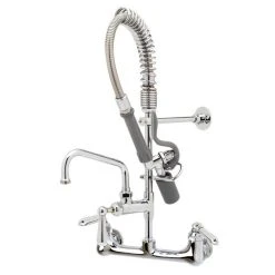 T&S Brass And Bronze Works T&S MPY-8WCN-08-CR EasyInstall Wall Mounted 22 1/8" High Mini Pre-Rinse Faucet With Adjustable 8" Centers, Low Flow Spray Valve, Club Handles, 24" Hose, 8" Add-On Faucet, And 6" Wall Bracket